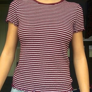 maroon and white striped t shirt with lettuce cut